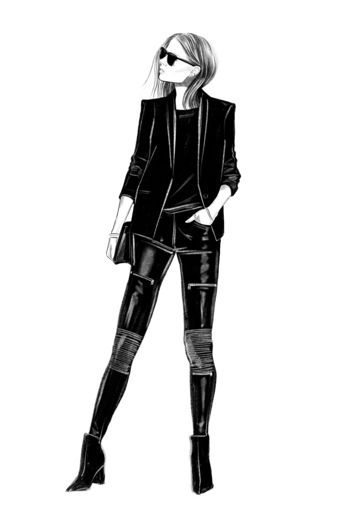 Sally faye fashion illustration from her book All Black Everything. Black autumn wardrobe