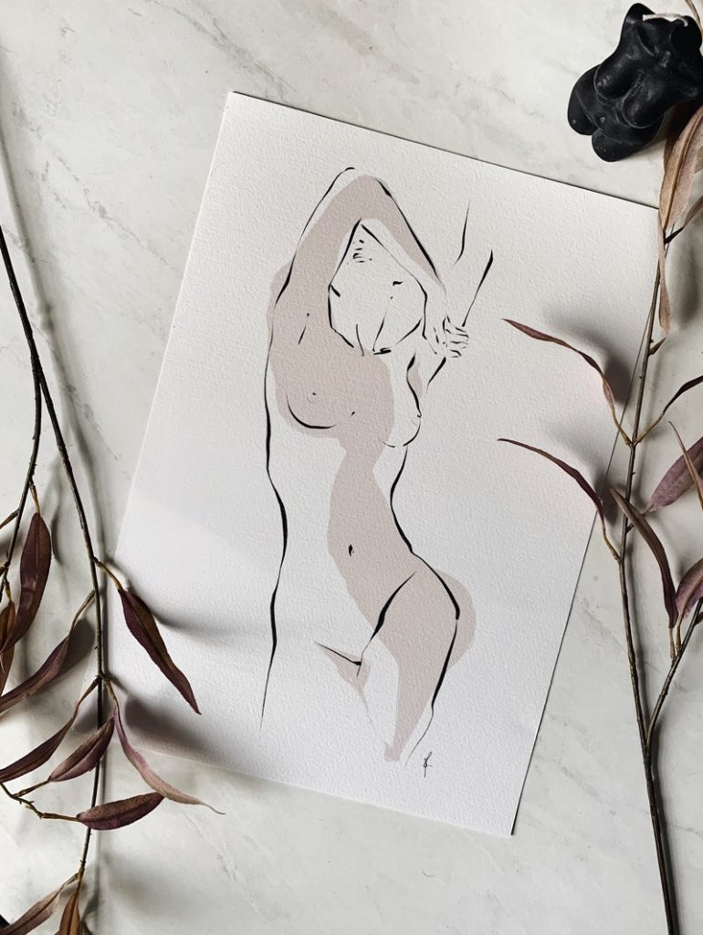 Skin II illustration art print layer out on table with candle and foliage